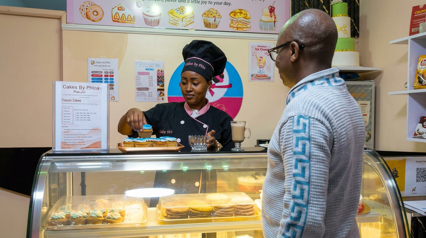 Phlo serving a customer at the Cakes by Phlo counter in Buruburu