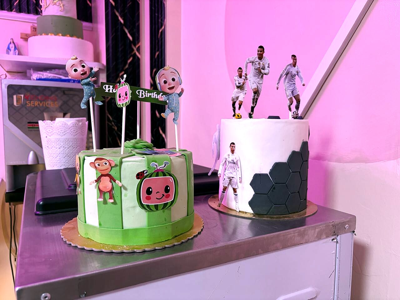 Cocomelon and football themed celebration cakes