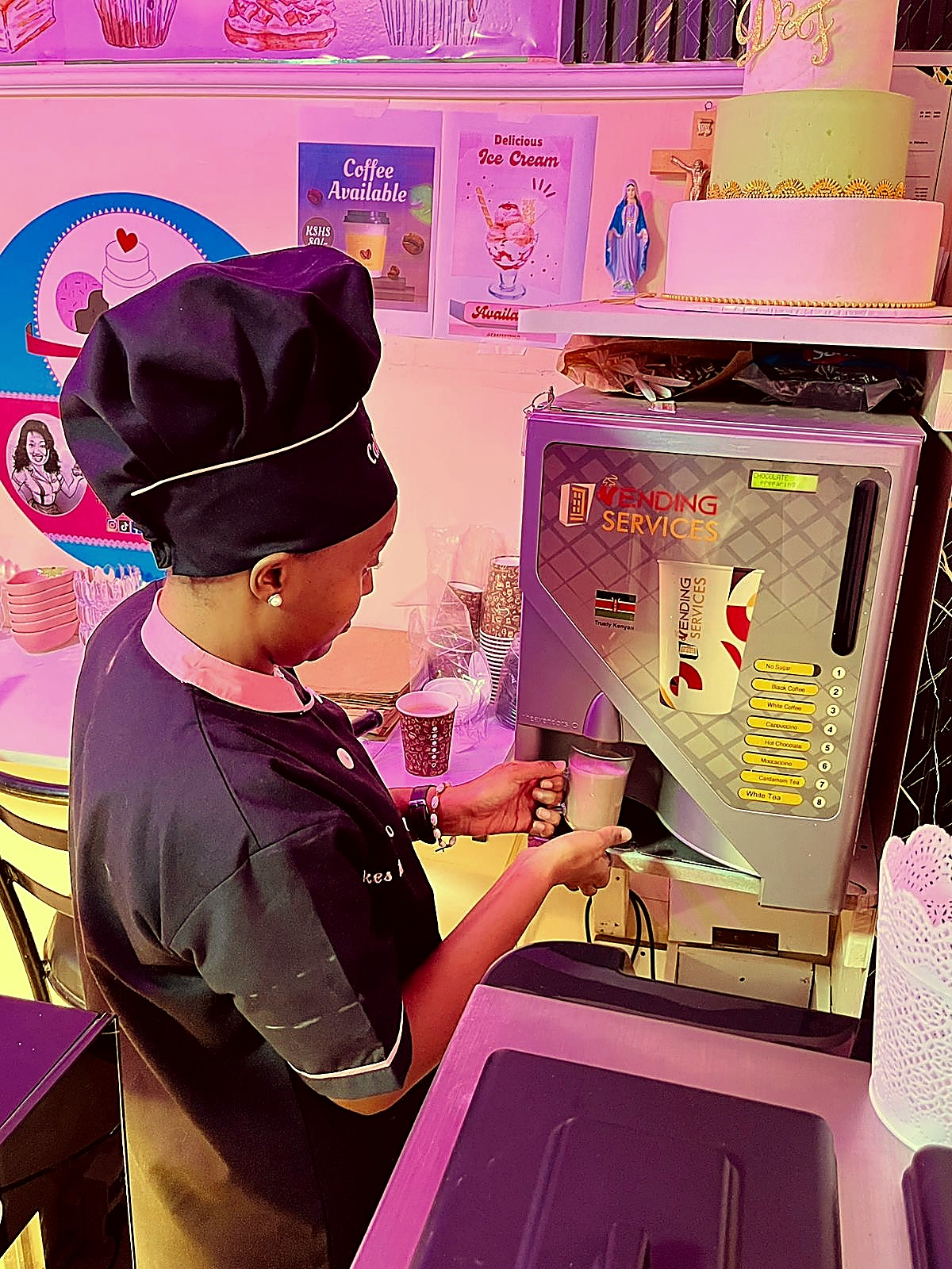 Phlo preparing a fresh cappuccino at the in-house coffee station